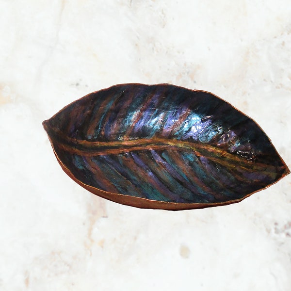 Colorful Bowl Leaf Shaped, Paper Mache Oval Sculpture with Metallic Patina Sparkle, New House Gift Elegant Handcraft, Vintage Style Inspired