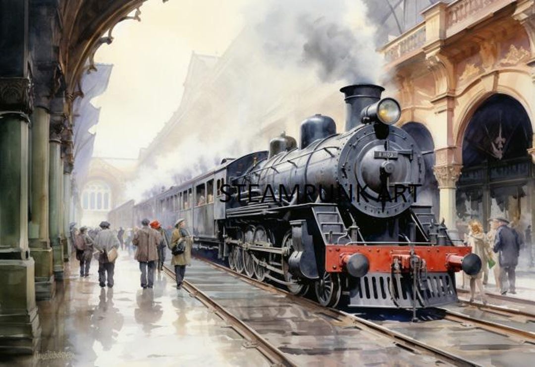 Steampunk Digital Wall Art, C 1800s, Victorian Steam Train Pulling Out ...