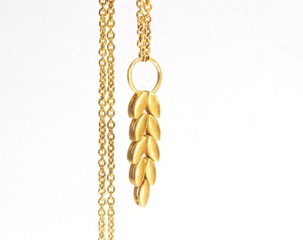 18K Gold Plated Braided Wheat Necklace, Sterling Silver Laurel Leaf Pendant, Handmade Floral Necklace, Golden Wheat, Unique Gift for Her