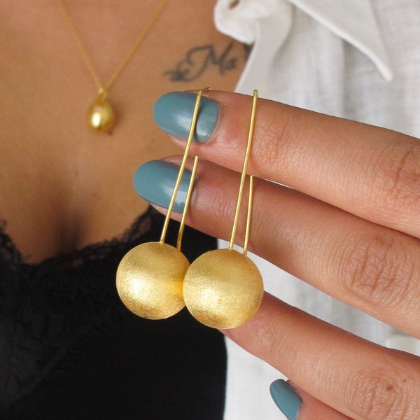 18K Gold Plated Chunky Disco Ball Drop Earrings, Minimalist Bold Convex Disc Earrings, Modern Circle Sphere Globe Earrings, Gift For Her