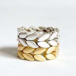 Gold Plated Wheat Leaf Ring, Handmade Braided Leaf Pattern Ring, Greek Olive Branch Crown Stacking Band Ring, Gift for Mom