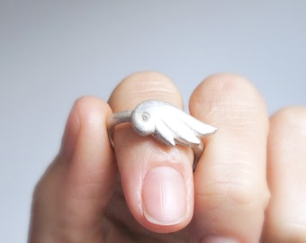 Handgemachte Diamant Engel Flügel Ring: Sterling Silber Feder Ring