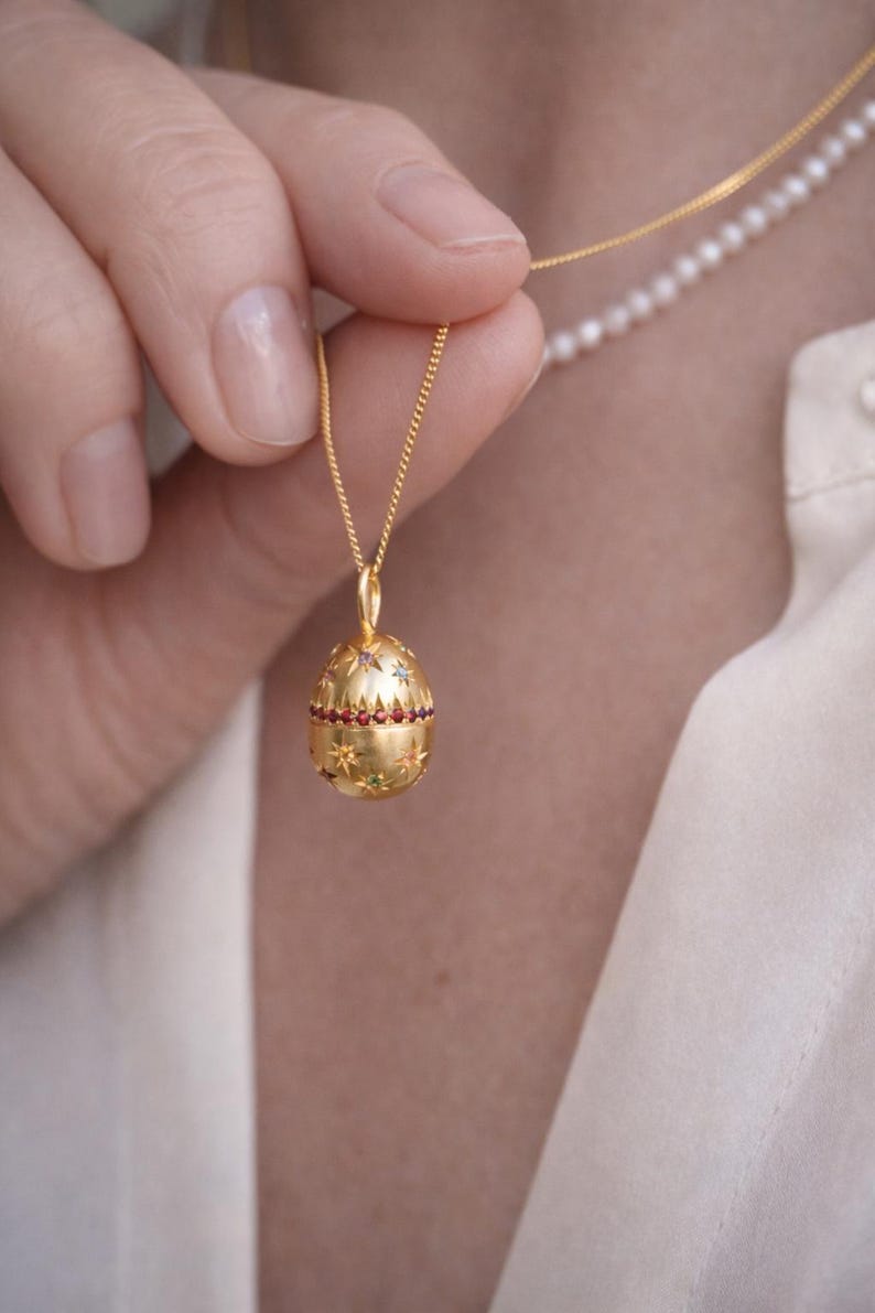Faberge Style Cosmic Egg Pendant Necklace, Sterling Silver Star Gemstones