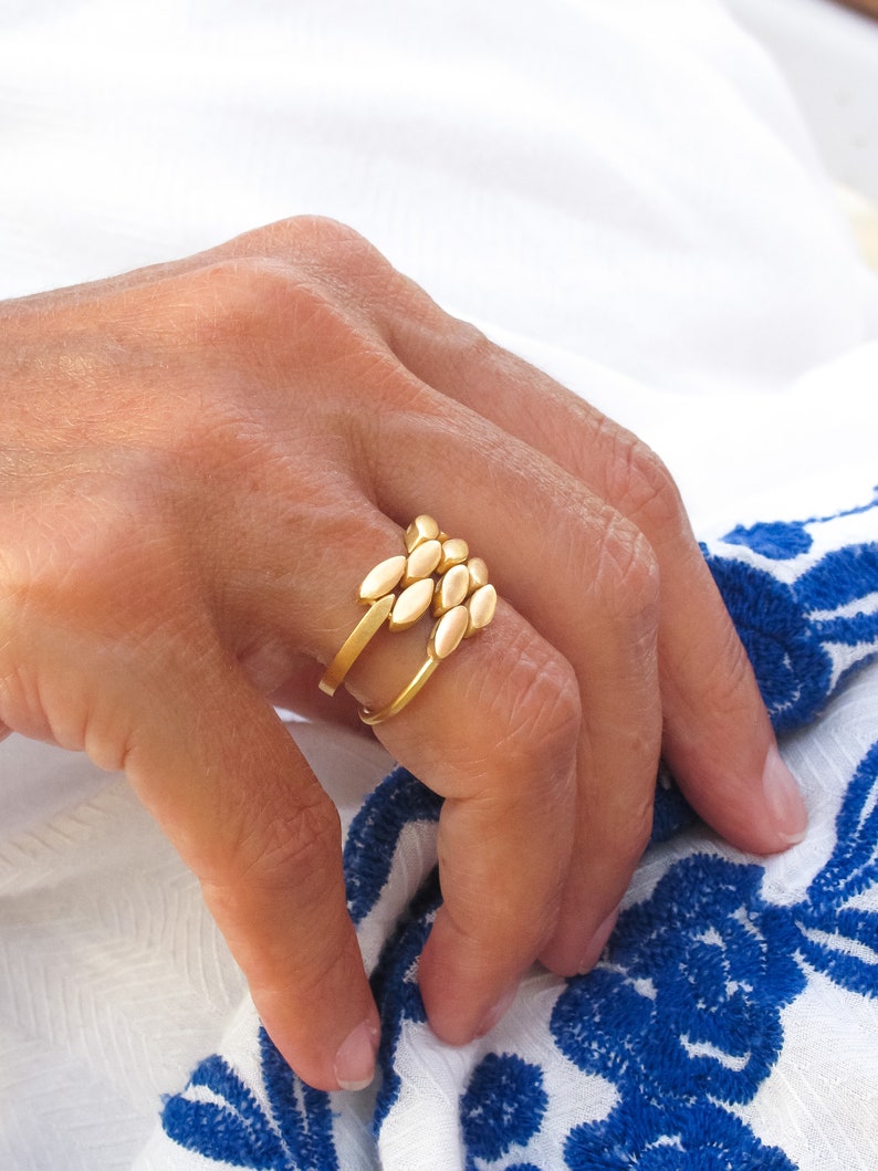 Gold Plated Laurel Leaf Ring, Retro Braided Leaf Pattern Ring, Art Deco Geometric Design Stacking Ring, Sterling Silver Anxiety Wheat Ring image 7