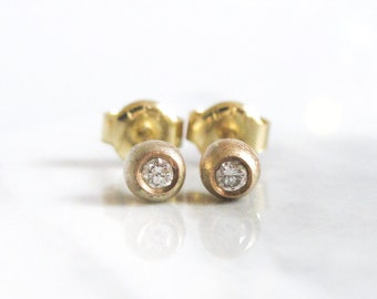 8K Solid Gold Tiny Diamond Ear Studs, Handmade Recycled Gold Stud Earrings, Contemporary Minimalist Diamond Earrings, Elegant Gift For Mom