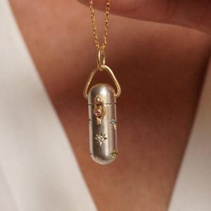 Stardust Baby Wishing Locket Necklace w Star-set Rainbow Sapphire, Amethyst&Tsavorite, Celestial Prayer Box Necklace, Sparkling Spell Bottle