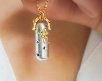 Stardust Scalloped Wishing Locket Necklace w Star-set Rainbow Sapphire, Amethyst&Tsavorite, Celestial Prayer Box, Sparkling Spell Bottle