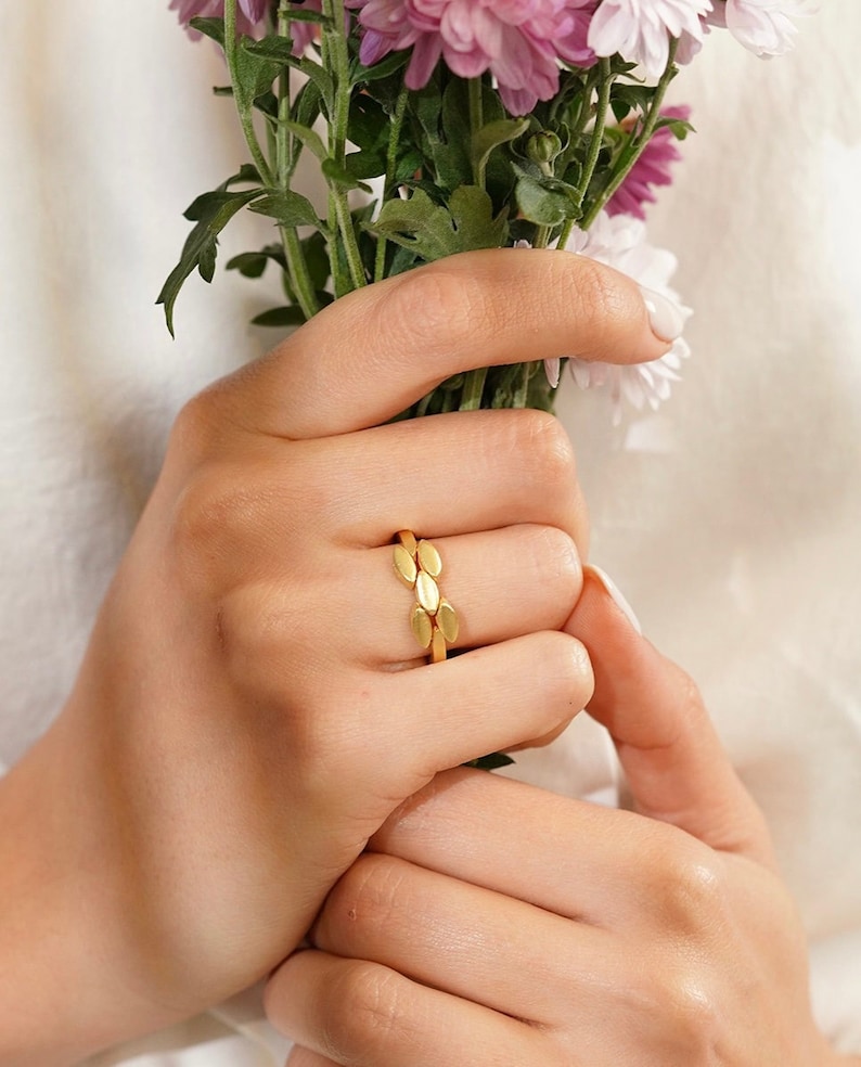 Gold Plated Laurel Leaf Ring, Retro Braided Leaf Pattern Ring, Art Deco Geometric Design Stacking Ring, Sterling Silver Anxiety Wheat Ring image 2