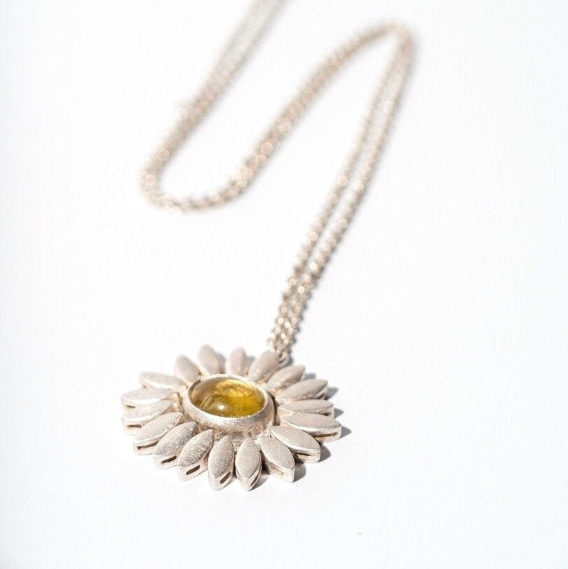 Sterling Silver Daisy Pendant With Lemon Quartz, Gerbera