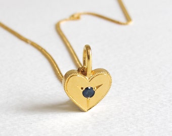 Blue Sapphire Tiny Millgrain Heart Charm, 18K Gold Plated Victorian Vintage Inspired Love Necklace, Dainty Minimalist Engraved Heart Pendant
