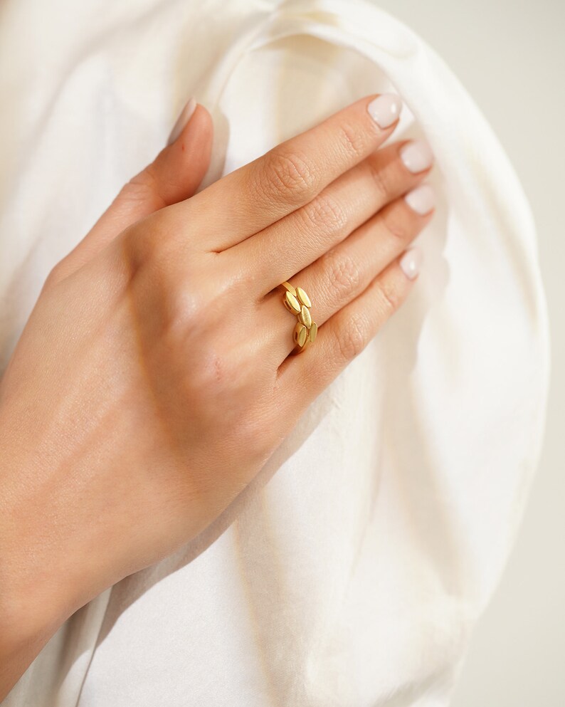 Gold Plated Laurel Leaf Ring, Retro Braided Leaf Pattern Ring, Art Deco Geometric Design Stacking Ring, Sterling Silver Anxiety Wheat Ring image 4