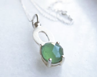 Serpentine Ellipse Necklace, Green Healing Gemstone Pendant, Unique Modern Recycled Sterling Silver Oval Necklace, Gift for Mom