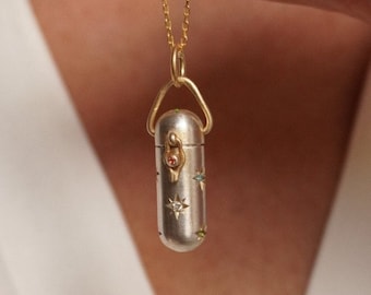 Stardust Baby Wishing Locket Necklace w Star-set Rainbow Sapphire, Amethyst&Tsavorite, Celestial Prayer Box Necklace, Sparkling Spell Bottle