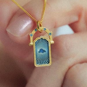 Celestial Magic Door Dream Charm with Star-Set Blue Topaz, Engraved Cloud Enamel Necklace, Vintage Style Dream Amulet Fairy Jewelry