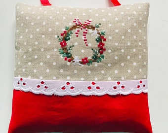 Hand embroidered Christmas decoration cushion / handmade embroidery linen Christmas decoration / door cushion for Christmas retro vintage style
