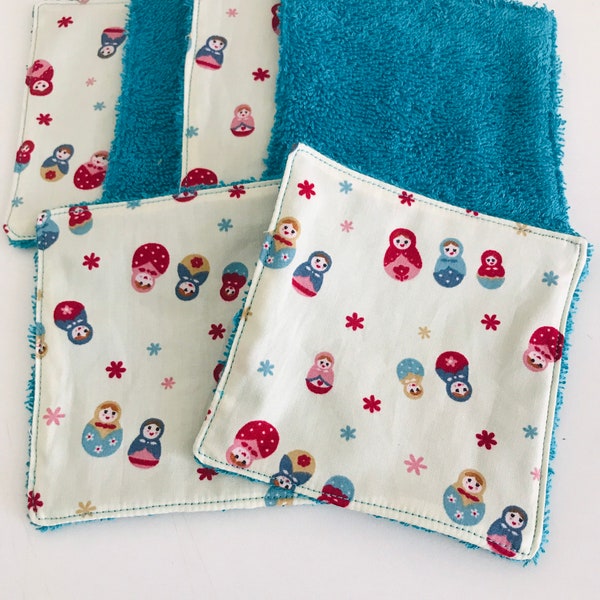 Lingettes démaquillantes cousues main lingettes réutilisables en coton et éponge motif matrioshka lingettes démaquillantes lavables