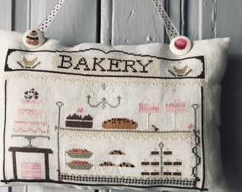 hand-embroidered linen door cushion / decorative hanging cushion / cross-stitch pastry embroidery / artisanal kitchen decoration