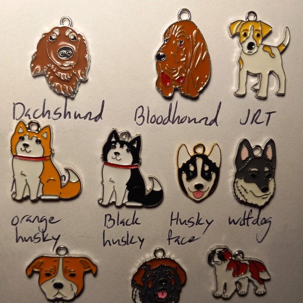 Metal Dog Enamel Jewelry Charms - Dachshund, Bloodhound, Jack Russell, Husky, Mastiff, Saint Bernard, Hound, Bulldog, Wolfdog, Wolf