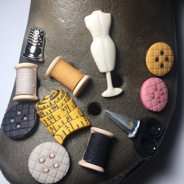 Handmade Shoe Charm for Rubber Clogs - Sewing - Scissors, Spool, Thread, Thimble, Tape Measure, Button, Adult Charm, Seamstress, Sew, Craft