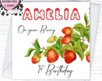 Personalised Berry first birthday card, add name, age and relation to make an extra special keepsake card, Lovely, unique design 6x6in