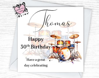 Personalised Drum Instruments Birthday Card, unique instrument themed Card, personalised to make a lovely keepsake, 6x6in in Size