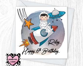 Space,astronaut galaxy Boys Birthday Card, ANY name, age and relation , unique design for any galaxy lover. lovely keepsake greetings card
