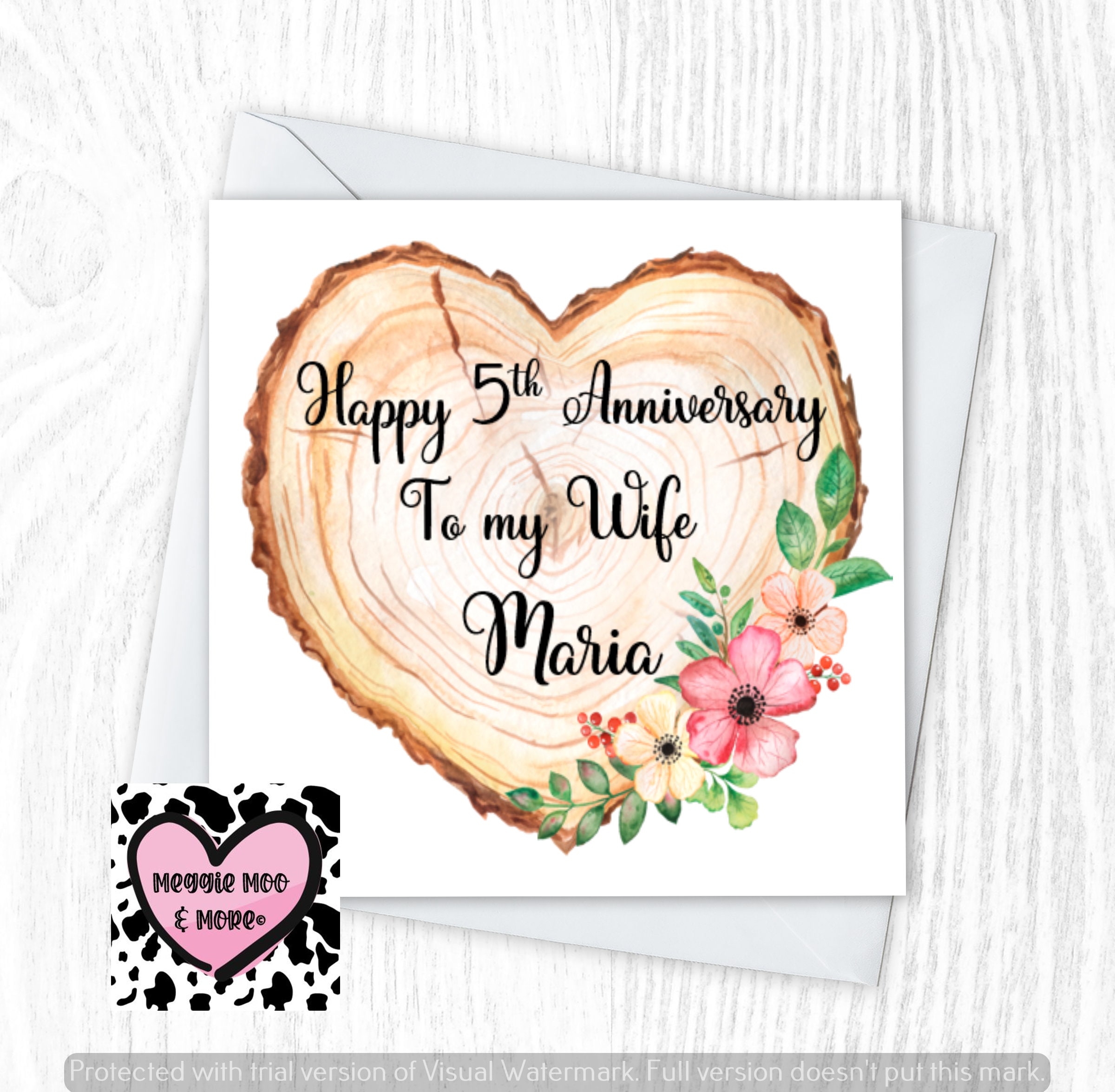 Happy 5th Wedding Anniversary Wooden Anniversary for Wife husband Choose Version. Beautiful Design for a Lovely Milestone Keepsake Card Etsy