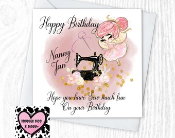 Personalised Sewing craft Birthday card, any NAME/AGE & RELATION. unique and eye-catching design to make a perfect birthday keepsake.