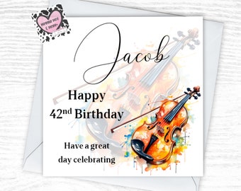 Personalised Violin Instruments Birthday Card, unique instrument violinist themed Card, personalised to make a lovely keepsake, 6x6in.