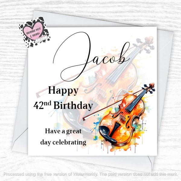 Personalised Violin Instruments Birthday Card, unique instrument violinist themed Card, personalised to make a lovely keepsake, 6x6in.