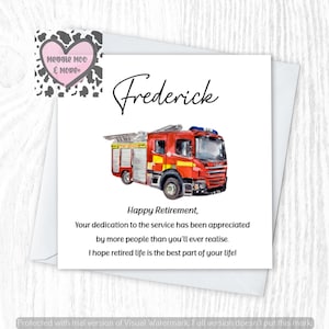 firefighter retirement greeting card, personalised with name, perfect keepsake leaving card.