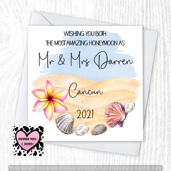 Honeymoon greetings card, for newlyweds, wishing an amazing Honeymoon, personalised and any destination can be added for keepsake