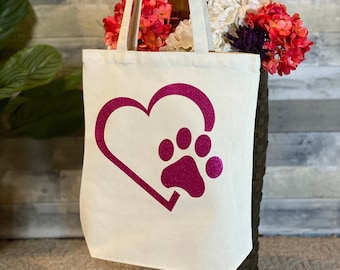 Paw print heart canvas tote bag// paw print tote bag// dog bag//reusable grocery bag// reusable bag//gift for dog mom//gift for cat lady