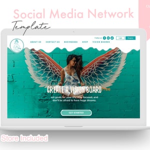 Puede incluir: La pantalla de una computadora portátil que muestra una plantilla de sitio web para una red social. El sitio web presenta un fondo de pared de ladrillo azul verdoso con una mujer sentada frente a un mural pintado de alas de ángel. El texto en el sitio web dice "Crea un tablero de visión gratis" y "Establece metas para tu vida, mantente enfocado y no tengas miedo de tener grandes sueños."