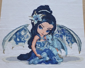Framed Dragon Fairy Cross Stitch Portrait, Handmade Wall Art (16x16 inch)