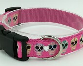 Medium, Handmade, Rhinestone Embellished Halloween Pet Collar, Day of the Dead Dog Collar, Adjustable Collar, Pink Sugar Skulls Pet Collar