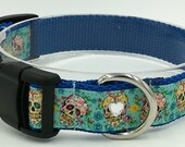 Medium, Handmade, Rhinestone Embellished Halloween Pet Collar, Day of the Dead Dog Collar, Adjustable Collar, Aqua Sugar Skulls Pet Collar