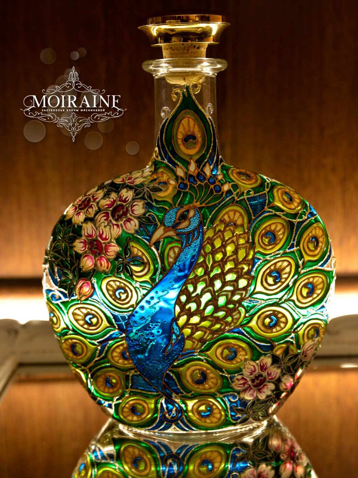 Hand Painted Bottle Stained Glass Decorative Bottle Peacock Etsy