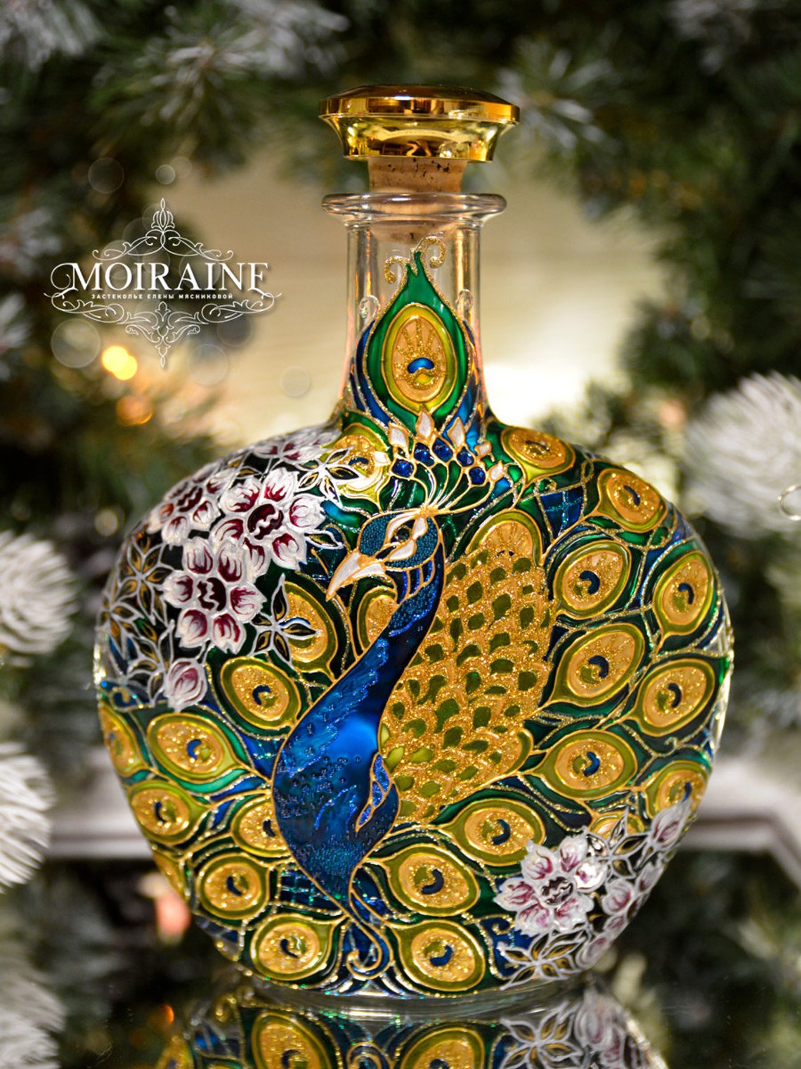 Hand Painted Bottle Stained Glass Decorative Bottle Peacock Etsy