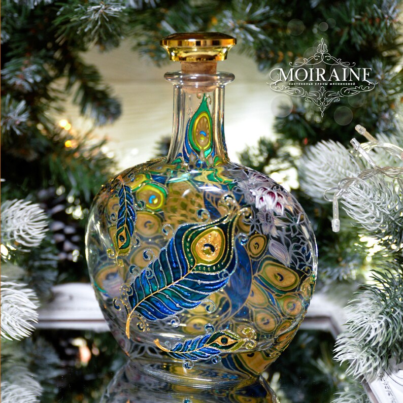 Hand Painted Bottle Stained Glass Decorative Bottle Peacock Etsy