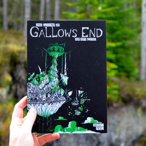 May include: The cover of a black and green comic book titled "The Legend of Gallow's End: An RPG Zine" by Bridget Pearl. The cover features a green, floating island with a large, twisted tree and several buildings.