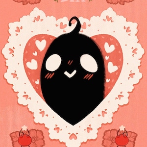 Puede incluir: Una tarjeta de San Valent&iacute;n con un fondo rosa y las palabras "Happy Valentine's Day" en rojo. La tarjeta presenta un personaje negro de dibujos animados dentro de un marco en forma de coraz&oacute;n con un borde de encaje y peque&ntilde;os corazones.