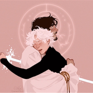 May include: A digital painting of two men embracing. The man in the front has white hair and is wearing a white shirt and a black long-sleeved shirt. The man behind him has brown hair and is wearing a black shirt. A white sword is partially visible in the foreground.