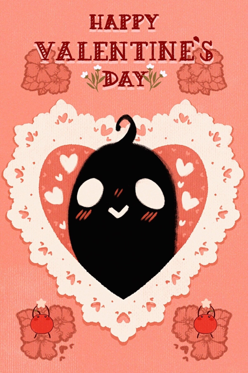 Puede incluir: Una tarjeta de San Valent&iacute;n con un fondo rosa y las palabras "Happy Valentine's Day" en rojo. La tarjeta presenta un personaje negro de dibujos animados dentro de un marco en forma de coraz&oacute;n con un borde de encaje y peque&ntilde;os corazones.