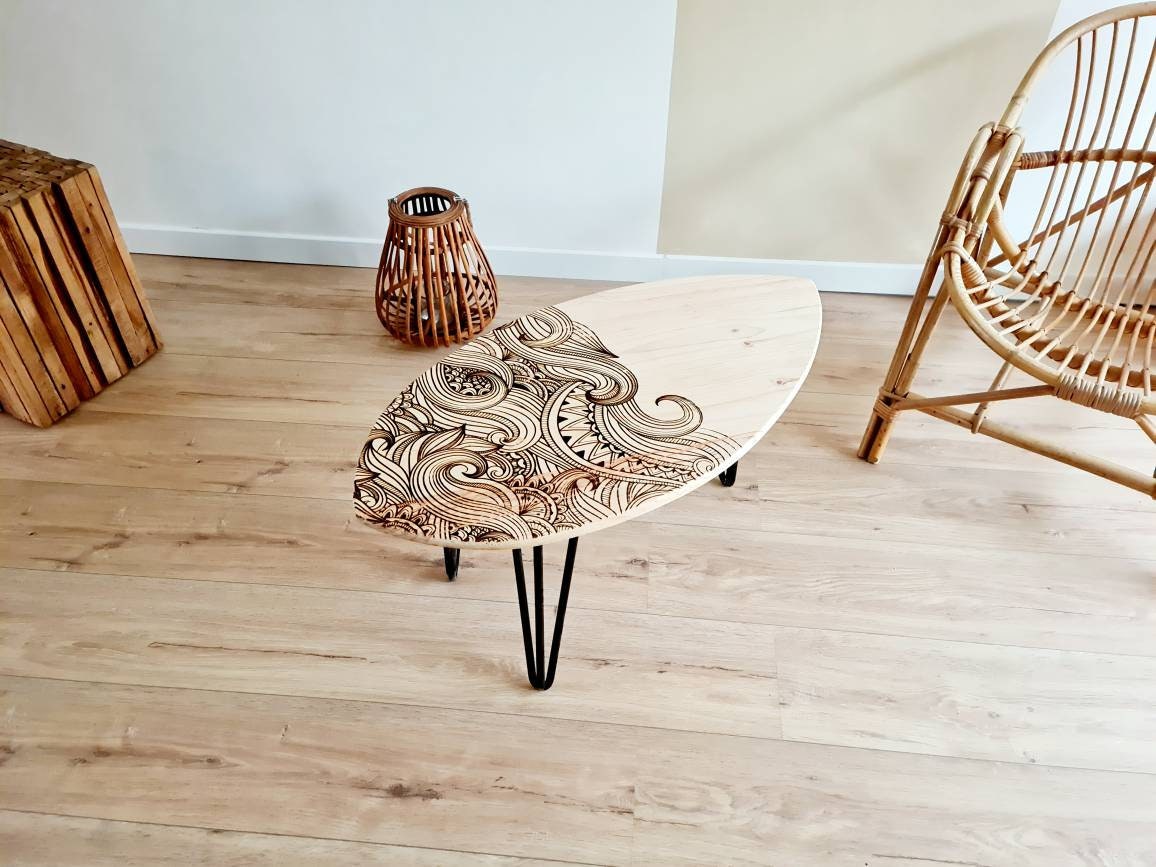 Table Basse Bois Planche de Surf en Pin