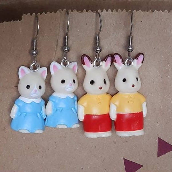 Sylvanian Families Calico Critters earrings, handmade from real Japanese minifigures