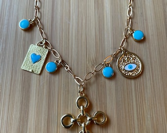 Faithfully Charming, evil eye jewelry, love jewelry, cross necklace , charm necklace