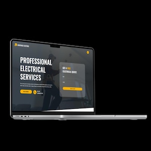 Op de afbeelding: Een laptopcomputer die een website voor een professioneel elektrotechnisch bedrijf weergeeft. De website heeft een donkere achtergrond met gele accenten en een formulier om een ​​gratis offerte aan te vragen. De tekst op de website luidt "Professionele elektrotechnische diensten" en "Vraag een gratis offerte aan!"