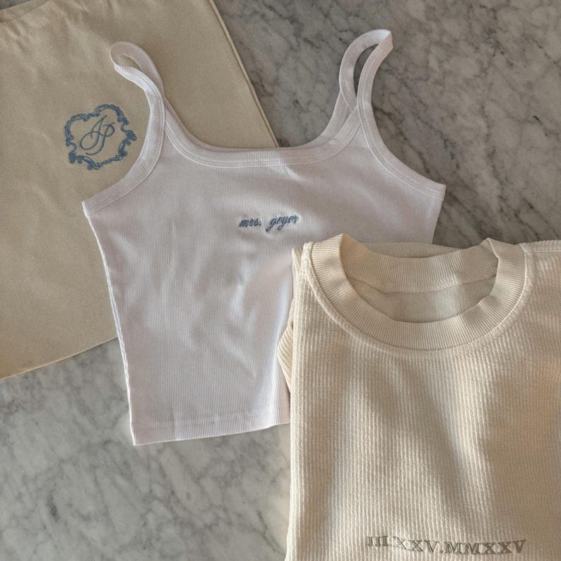 Custom Embroidered Tank Top | Women's Crop Micro Rib Spaghetti Strap Tank | Bachelorette Personalized Gift | Bridal Shower | Wedding | Bride