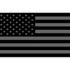May include: A black and gray American flag with white stars. The flag is printed on a white sticker.
